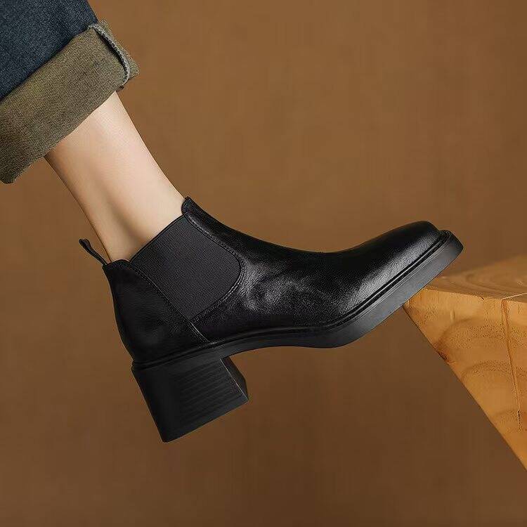 Chelsea Boots for Women Square Toe Chunky Mid Heel Slip-On