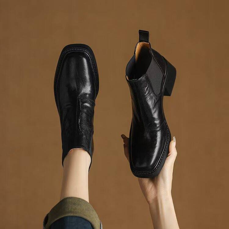Chelsea Boots for Women Square Toe Chunky Mid Heel Slip-On