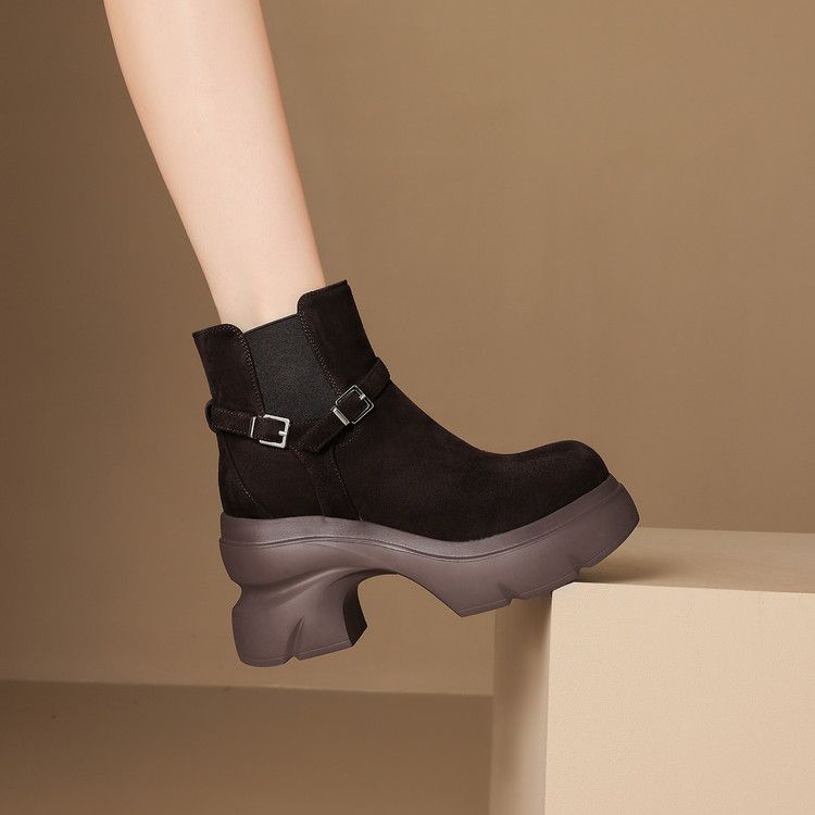 Women's Chelsea Boots in Sheepskin with Chunky High Heel and Buckle Detail