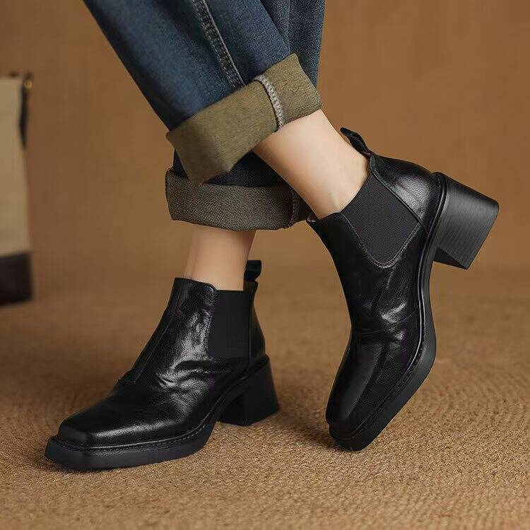 Chelsea Boots for Women Square Toe Chunky Mid Heel Slip-On