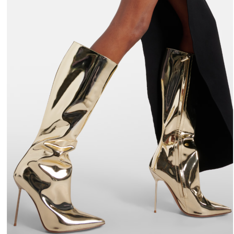 Gold High Shaft Fashion Boots with Pointed Toe and Stiletto Heel