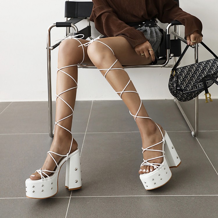 Women's High Heel Peep Toe Sandals with Chunky Heel and Metal Studs