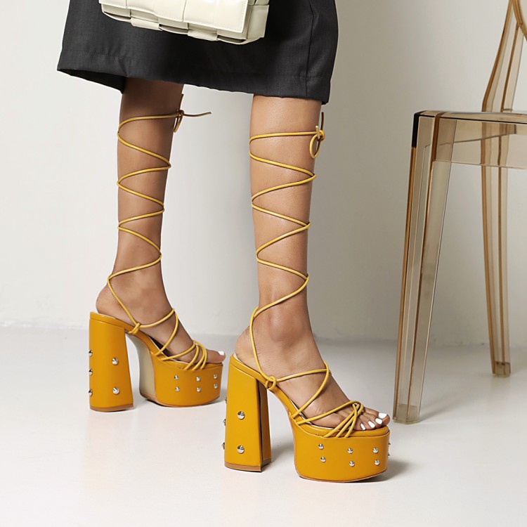 Women's High Heel Peep Toe Sandals with Chunky Heel and Metal Studs